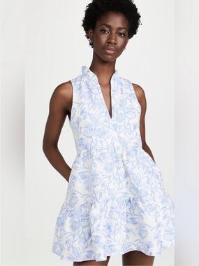 Amanda Uprichard Blue and White Toile Ruffled Dress